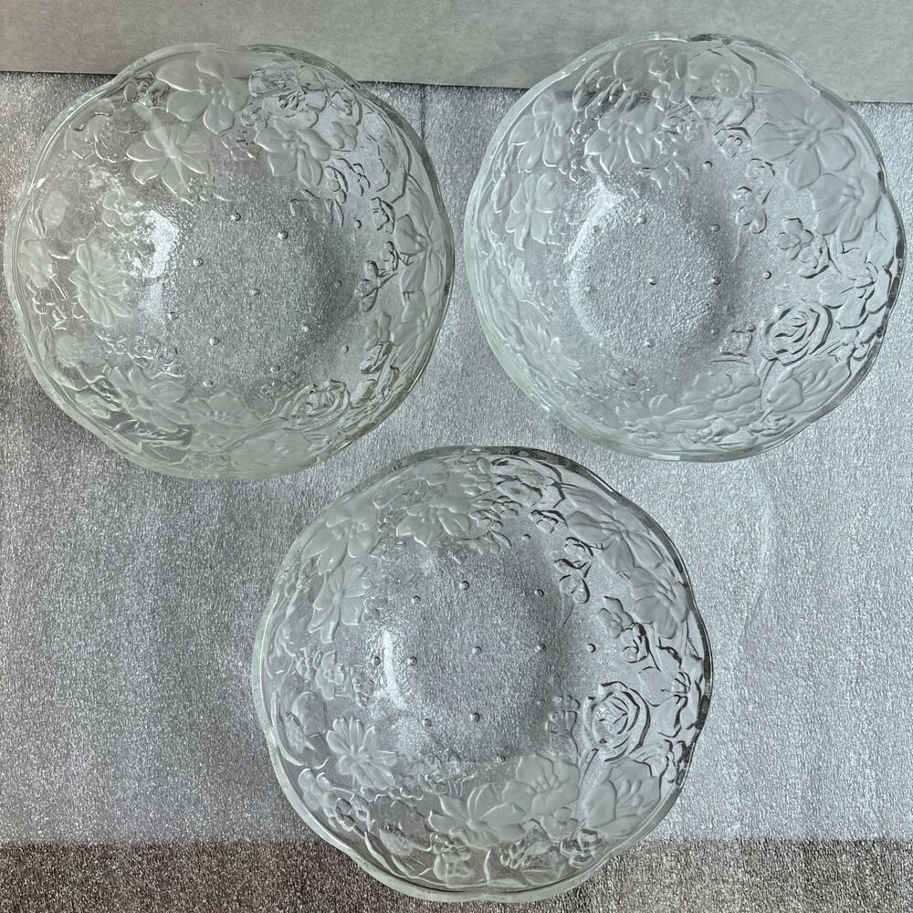 Vtg KIG Indonesia Floral Flower Clear Embossed Glass Cereal/Salad Bowl Lot of 3